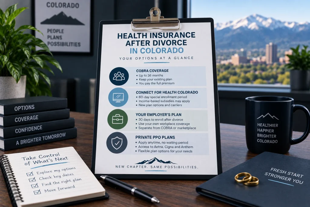 Colorado health insurance options after divorce displayed on a laptop with enrollment deadlines