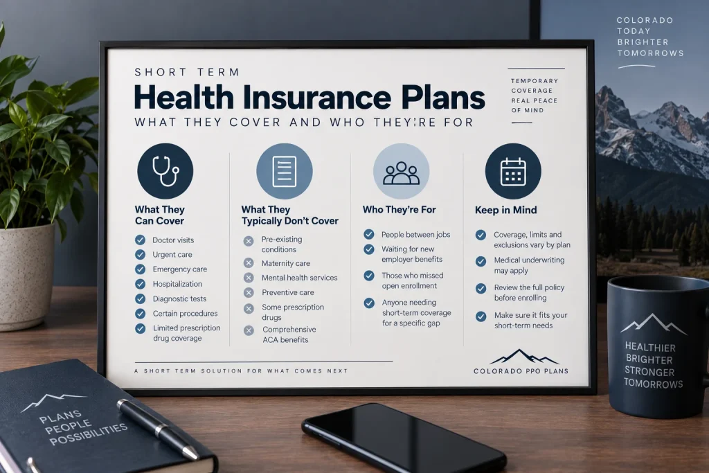 Short term health insurance infographic showing coverage, exclusions and who plans are for
