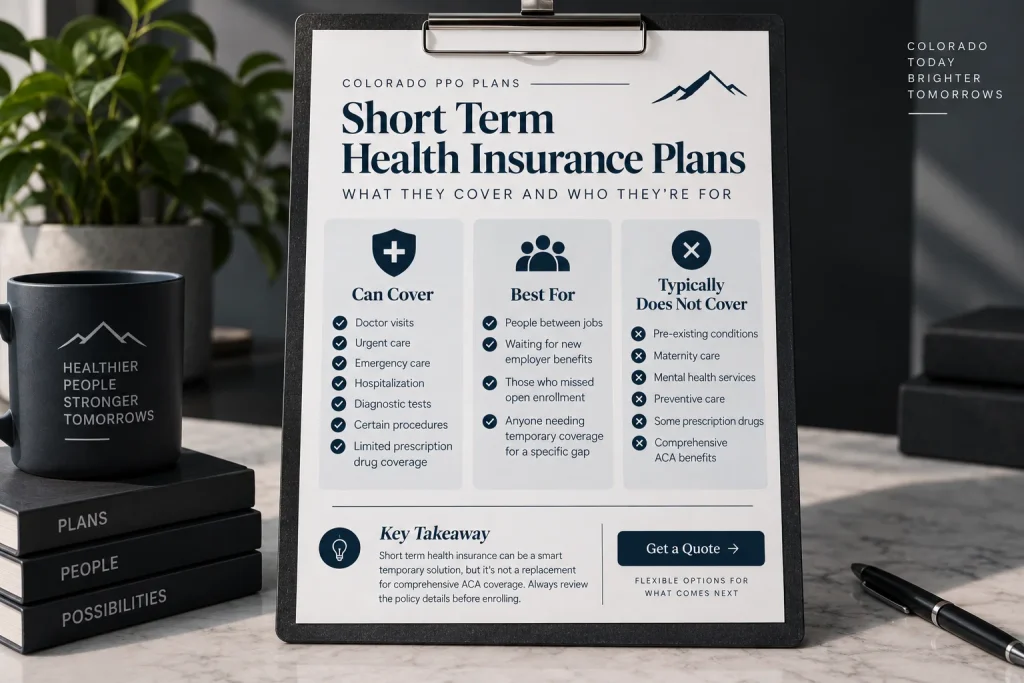 Short term health insurance plan infographic comparing covered services and common exclusions