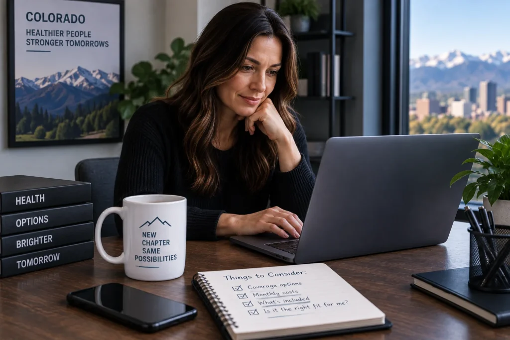 Woman comparing short term health insurance plans and coverage options in Colorado