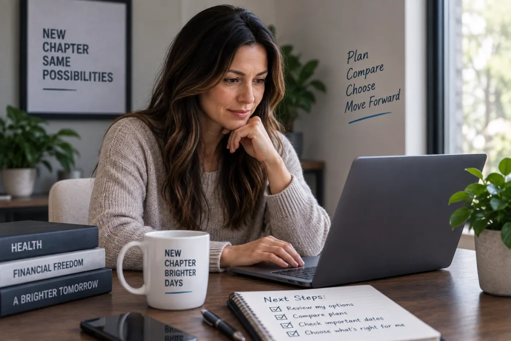 Woman researching post-divorce health insurance coverage and planning her next steps