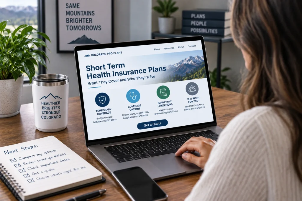 Woman reviewing short term health insurance coverage and limitations on a laptop